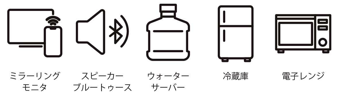 ミラーリングモニタ・スピーカーブルートゥース・ウォーターサーバー・冷蔵庫・電子レンジ